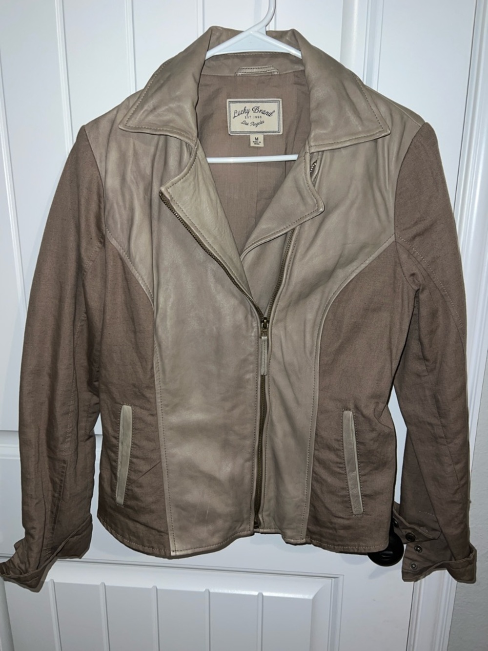 Lucky Brand Taupe and Brown Linen & Leather Moto Jacket size M - Picture 2 of 14